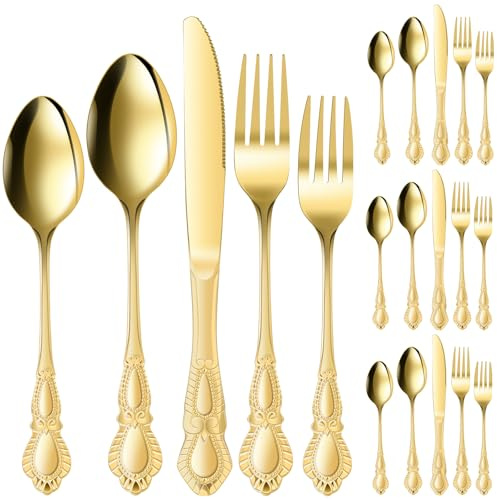 Vintage Silverware Set Stainless Steel Cutlery Set for 4 People Fork Spoon Knife Sets Mirror Polished Utensil Sets for Home Restaurant Wedding Party Dishwasher Safe(Golden)