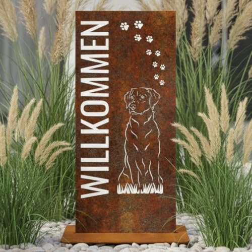 Terma Stahldesign Stele Roststahl 120x50 cm mit Bodenplatte Hund Labrador Gartendeko Edelrost Gartenschild Outdoor Handmade Germany