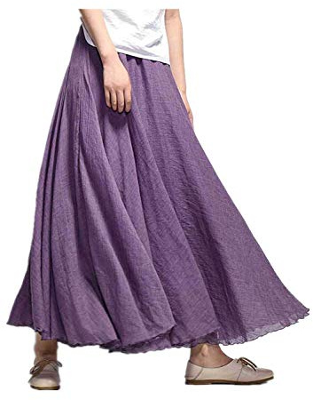 Mujer Bohemia Algodón Lino Doble Capa Cintura elástica Falda Larga Larga Falda Larga de Estilo étnico en Color Liso con Falda de Gran Swing (Violeta, 75)