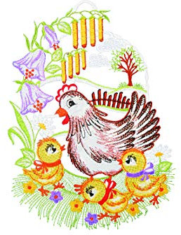 Plauener Spitze Fensterbild Familie Huhn farbig 20 x 28 cm Fensterdeko Fensterschmuck Bilder Handarbeit Deko Fenster