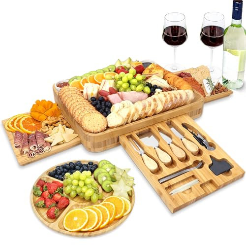 Yearvot Cheese Board Gift Set, Charcuterie Platter Knife Set and Round Fruit Plate, Chic Gift Box for Women, Birthday Anniversary, Wedding, Christmas, Housewarming