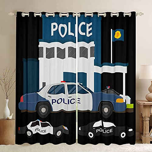 Homewish Polizeiauto Fenstervorhänge, Kinder Rettungswagen Fahrzeuge Vorhänge für Jungen Mädchen Teens Schlafzimmer Dekor, Cartoon Auto Fenstervorhänge 2 Panels Set, Blau Schwarz, 46X 72