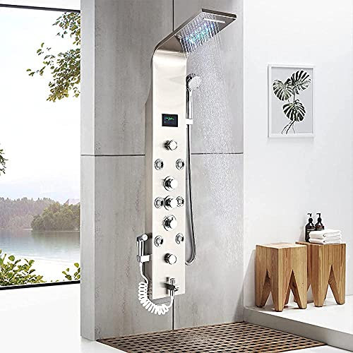 Brushed Nickel Shower Panel Tower Wall Mounted Tower System Shower Tower Panel 6 Functions with 4 Massage Jets