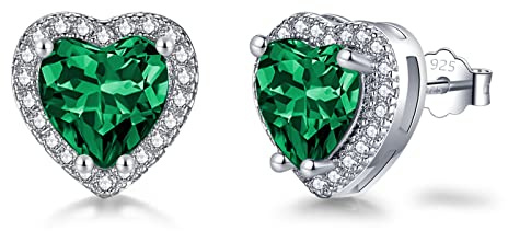 SNORSO Clous D'oreilles Argent Pour Femme Fille, Boucles d'oreilles Zircon Cubique Coeur, Boucles d'oreilles Emeraude Vert Pierre de Naissance Mai, Cadeau Anniversaire Mariage pour Femme Fille