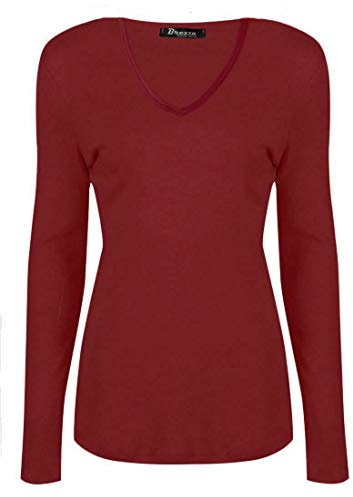Colop Ladies Womens V Neck Long Sleeve Plain Slim Fit Basic Top Stretchy T-Shirt 8-26 (Wine, 16-18)