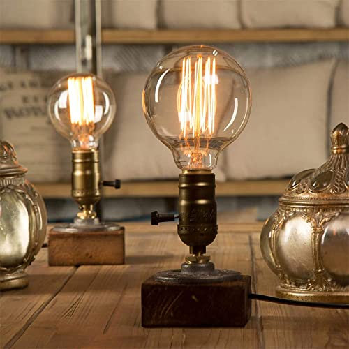 Bonlux Industrial Table Lamp Dimmable, Steampunk Desk Lamp, Vintage Bedside E27 Edison Holder Base, Rustic Retro Wooden Small Lamps for Bedroom Living Room Decoration Pack of 1, Brown