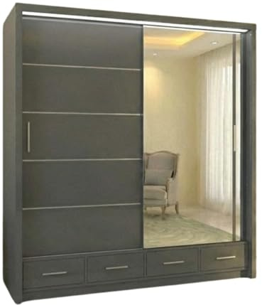 INTERWOOD Modern High Gloss Mirror Sliding Doors Wardrobe, featuring 2&3 sliding Doors, Hanging Rails & Adjustable Multiple Shelves, offers Space Saving solutions for Bedroom furniture 208cm(grey)