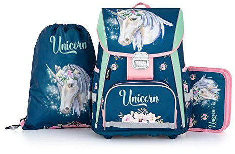 OXY BAG PREMIUM Einhorn Schulranzen 3tlg für 1.-3. Klasse | Ergonomisch, Reflektierend, 28L Volumen | Inkl. Schuhbeutel & Federmappe | Ideal für Grundschüler mit Stabilen Boden, Anatomische