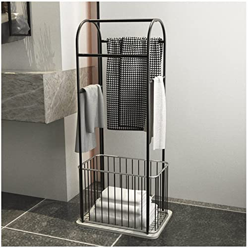Freistehender Handtuchhalter Organizer, Badetuchhalter Ohne Bohren Chrom Lack Badezimmer-Accessoires HandtuchstäNder Mit Schmutzwäschekorb BadezimmerzubehöR FüR Bad Und H(Size:120*40*30CM,Color:black)