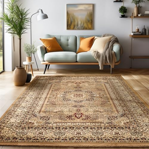 SIMPEX Orient Teppich 300x400 cm Beige, Zeitloser XXL Kurzflorteppich mit Ornamenten, Pflegearme Raumlösung für Loft, Galerie oder offene Wohnbereiche