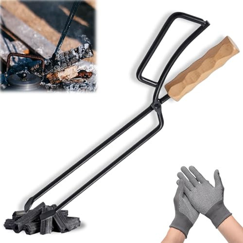 Pinza per legna da ardere, 40 cm, pesante, pinza universale per legna da ardere, pinze per legna da ardere, pinze per legna da ardere e stufe, con coppia di guanti