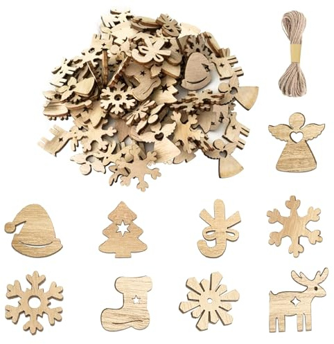 gaoduanluoluo 100 Stück Kleine Anhänger Holz Weihnachtsschmuck, Mini Weihnachtsbaumanhänger, Streudeko Weihnachten, Weihnachtsdeko Holz für DIY Basteln Bemalen Färben Tischdeko (Stil 2)