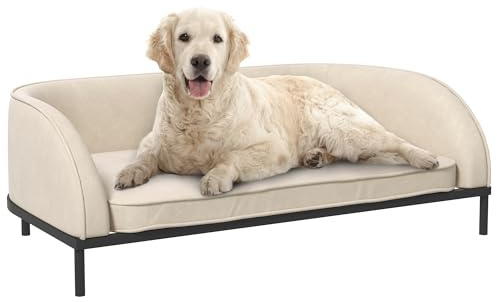 PawHut Letto per Cani Taglia Media e Grande, Divano per Cani Rialzato con Cuscino Rimovibile e Sfoderabile, Bianco Crema
