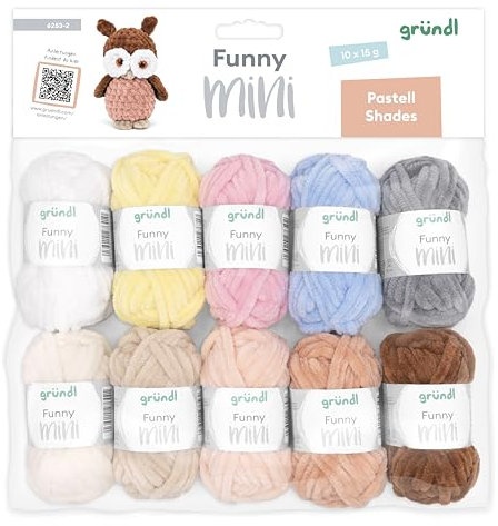 Gründl Wolle Funny Mini Shades - weiche Chenille Wolle zum Häkeln von kleinen Figuren - Kuschelig und hautfreundlich - 100% Polyester - 10 Miniknäuel 15 g / 18 m - Nadelstärke 5-6, Pastell