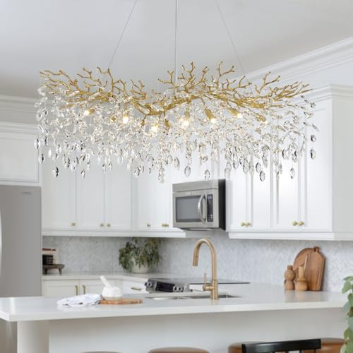 TMAFON Modern Crystal Chandeliers for Dining Room - L47.2 inch Luxury Gold Tree Branches Chandelier Lighting, Rectangular High Ceiling Hanging Raindrop Pendant Light Fixture