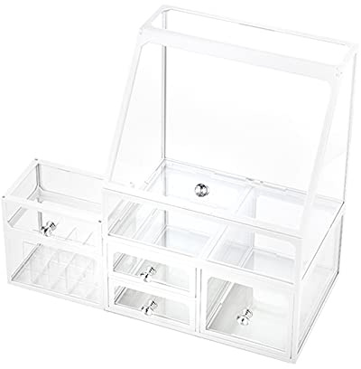 UPGENT Cosmetic Skincare Organisers Large Capacity Make Up Organizer with Drawer & Rhinestone Handle Cosmetics Storage Cases Transparent Dustproof Lipstick Jewelry Cabinet for B