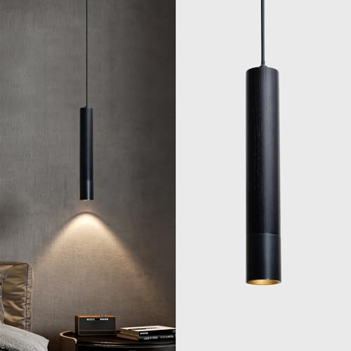 ouglres Pendelleuchte Schwarz 1 Flammig,Industrie Stab Hängeleuchte Metall,Vintage Holz Hängelampe für Esszimmer Nachttisch Schlafzimmer,Küche,Bar,Restaurant,Höhenverstellbar,Gu10