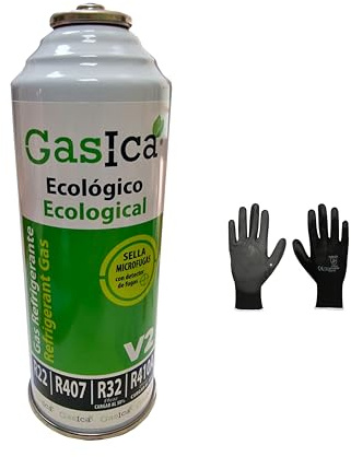 Gasica V2 226g. (Botella + Guantes de Protección) Gas Refrigerante Ecológico Orgánico sustituto R22, R407, R32, R410A Y R290 para Recarga Aire acondicionado.