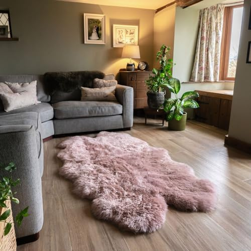 Arthur Cameron - Genuine Sheepskin Rug Large Quad 190x120cm – Dusky Rose Pink Fluffy Wool Rug, Soft Natural Sheepskin Throw, Luxury Living Room Decor & Home Essentials Floor Rug