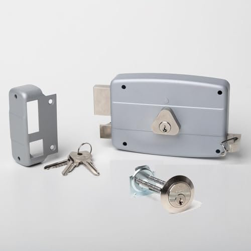CISA - Serratura per Porte in Legno da Applicare 15042050295 - Serratura in Acciaio Verniciato Grigio con Cilindro e Tirante nichelati - Serratura Cancello Esterno Entrata 50 - Mano Sinistra Applicare