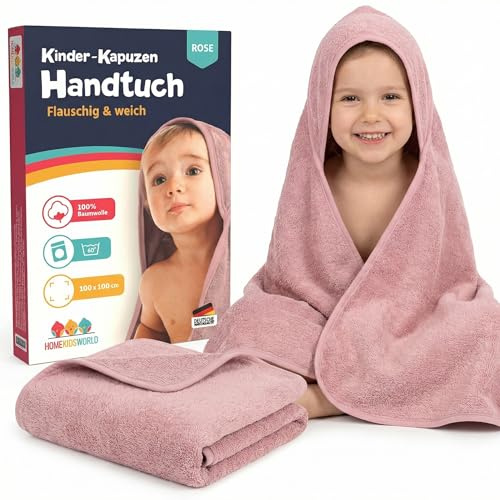 Home Kids World Kapuzenhandtuch Baby 100x100 cm (Rose) – Weiches & saugstarkes Badetuch mit Kapuze – Kuscheliges Handtuch für Babys & Kinder inkl. Geschenkbox