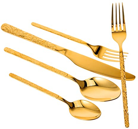 OFFSCH Cubiertos Reutilizables Relieve 5 Piezas Acero Inoxidable Dorado Juego de Cuchillo Tenedor Cuchara para Hogar Cocina Diaria