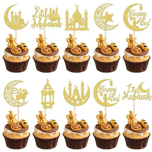 Xsstarmi 30 Pack Eid Mubarak Cupcake Toppers Gold Glitter Moon Star Ramadan Kareem Cupcake Picks Eid al-Adha Cupcake Decorations for Eid Islamic Muslim Theme Party Cake Decorations Supplies