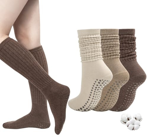 Aurmly Damen Slouch Stoppersocken 3 Paar, Knit Cotton Rutschfeste Socken für Damen, Yoga Pilates Hausschuhsocken, Kniestrümpfe Lange Socken, Scrunch Kniehohe Stiefelsocken, EU 36-41
