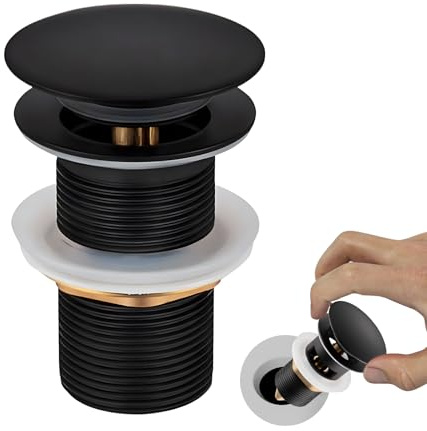 KAIYAYA avloppsuppsättning tvättställ svart popup avloppsventil utan bräddavlopp med silkorgar universal 66 mm x G1 1/4 trycköppning avloppsventil för tvättställ