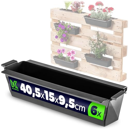 KADAX Paletter blomlåda, planteringslåda, set om 6 för europeisk pallar, 37 x 9 cm, svart, blomlådor med hängsystem, balkonglåda och blomkruksinsats för palettträdgårdar och dekoration