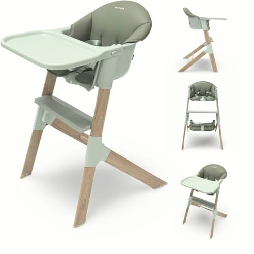 Venture MICO Highchair - Stylish Scandi Style Modern Baby Highchair with Wood Effect, Easy Clean Design, and Padded Seat Cushion for Comfort and Support - Baby Highchair for Dining and Play - Green
