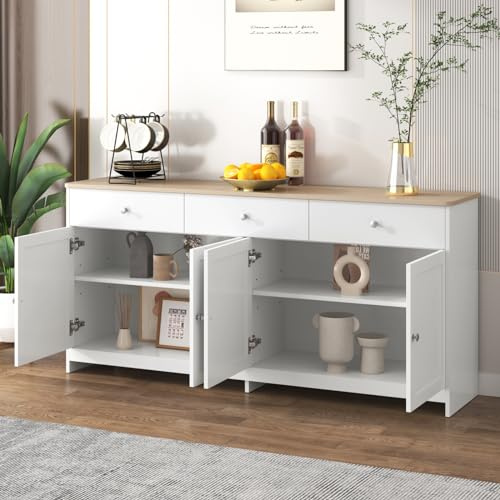 Lietre Sideboard Weiß, Küchenschrank mit 3 Schubladen und 4 Türen, Buffetschrank mit Arbeitsplatte, Standschrank 160cm Lange für Wohnzimmer Eingangsbereich Flur (Weiß)