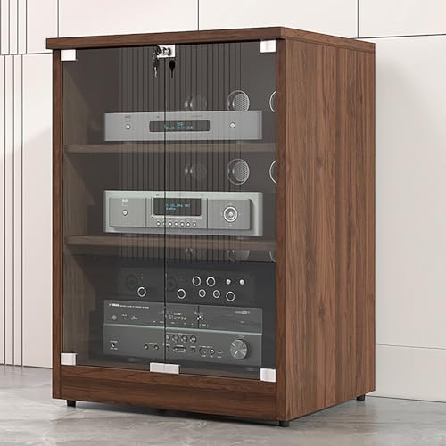 Rivorne HiFi Rack Phonoschrank, AV-medienständer,phonoschrank, HiFi Regal, Panplatte, Spanplattenmaterial Glastürschloss for Zuhause/Büro/Theater-Einfach zu Montieren(Walnut,3-Tier H80CM/31)