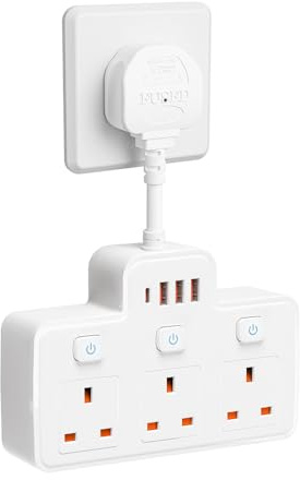Multi Plug Extension, Short Extension Lead, 3 Way 4 USB Plug Adapter | Individual Switched Socket Extension Adapter, Short Extension Lead Power Strip for Bedroom, Office, Kitchen(White)