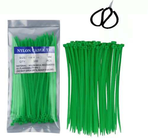 JuYxrjyou 100 Pack Green Cable Ties 3.6mm x 150mm with Scissors – Strong Zip Ties, Nylon Tie Wraps for Home, Office, Garden, Garage, Cable Management, Multi-Purpose Wire Organizer Set