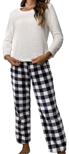 Maeau - Pyjama 2 Pièces Femme Hiver en Polaire Douce Haut Col Rond et Pantalon Carreaux Ensemble Vêtement de Nuit M
