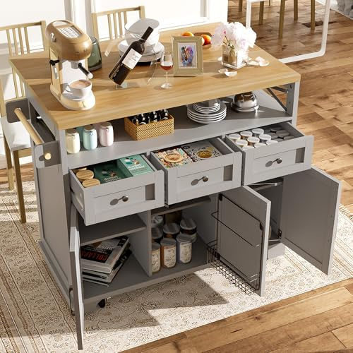 Huayz Isola cucina con piano di lavoro (118 x 43 x 98 cm), carrello da cucina con ruote, isola indipendente con 3 cassetti, porta snack e porta asciugamani, carrello da cucina per esterni
