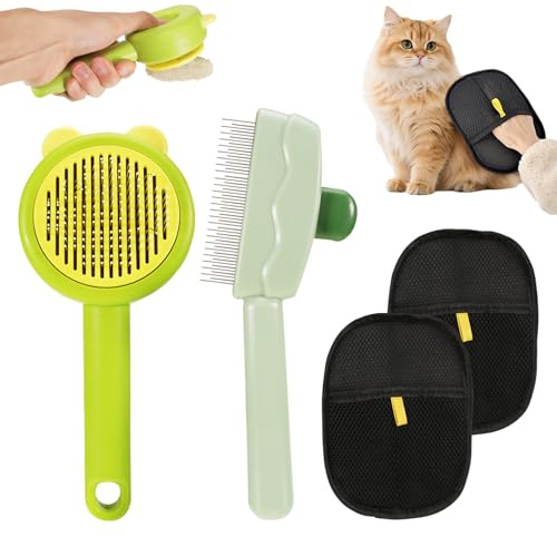 2 Stück Tierhaarentferner Handschuh & 2 Fellblitz Bürste Katze Selbstreinigende, Katzenhaarentferner Fellmagnet Handschuhe und Flohkamm für Katzen und Hunde, Entfernt Loses & Verfilztes Fell