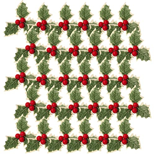 Lawnrden Berry de Acebo Artificial de Navidad con Hojas Verdes Decoración de disposición de la Corona de Bricolaje 30 Piezas | Hojas de simulación