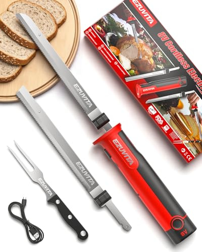 EZUVITA 8V Cordless Electric Knife Set, Rechargeable Electric Carving Knife with Reciprocating Blades, Fork, interchangeable 2000mAh Battery, Suitable for Turkey, Meat, Poultry, Bread, Cheese (Red)