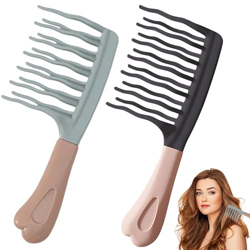 BRTNUP 2PCS Wide Tooth Comb for Curly Hair, Curly Hair Comb with Ergonomic Handle for Women Long Thick Frizzy Hairs Double-Row Wavy Tooth Detangling Brush for Wet Dry Hairs Curl Brush for Curlys Hairs
