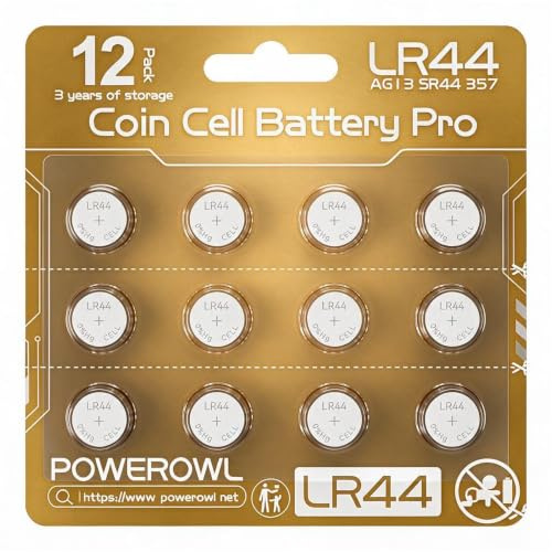 POWEROWL Lot de 12 Pile LR44 1.5V Alcalines, Piles Bouton AG13 A76 de Haute Qualité pour Tensioomètres, Appareils Auditifs et Oxymètres de Pouls, Énergie Fiable et Durable
