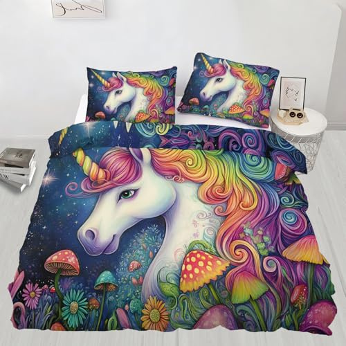 Juego de funda de edredón con diseño de caballo, ropa de cama individual con 1 funda de almohada, microfibra de cuento de hadas arcoíris con cremallera, uso en todas las estaciones (135 x 200 cm)