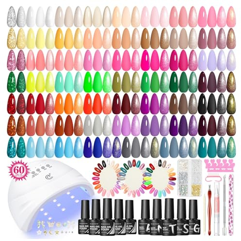 PEACECOLOR 73PCS Gelnagelset Med Lamp, Nagelset Gelnaglar Startset 55 Färger Vit Röd Lila Blå UV Nagellackset Och Glansig Matt Glitter Bas- Och Topplack Manikyrsverktyg För Nybörjare