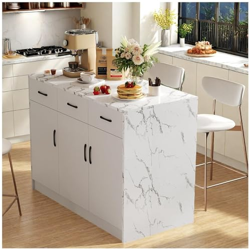 Lekvvied Isola cucina120x60x90,5cm,3 cassetti e 3 ante,design in marmo bianco,ripiani regolabili,cassetti silenziosi,isola cucina piano lavoro,carrello cucina,design dell'area bar