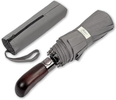 Balios® Prestige Travel Umbrella, Real Wood Handle, Auto Open & Close, Vented Windproof Double Canopy, Designed in UK (Metallic Gray with Real Wood Handle)