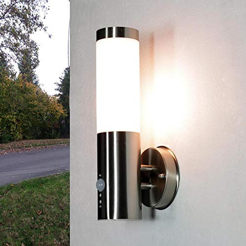 Außenleuchte mit Bewegungsmelder Edelstahl, Silber, Außenlampe Haustür, Sensor, IP44, H:34 cm, E27, blendarm, Outdoor, Wandlampe, Terrassenlampe BRIGHTON