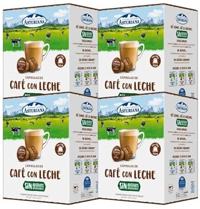 Central Lechera Asturiana Cápsulas de Café con Leche - Compatibles con Dolce Gusto - 4 Paquetes de 16 Cápsulas - Total: 64 Cápsulas