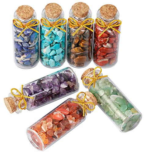 mookaitedecor 7 Chakra Crystals Set Tumbled Stone Chips Large Crystal Wishing Bottles Healing Crystal Gifts Set, Crushed Crystal Chips Bottles Chakra Stones Set Colourful Crystal Room Decors