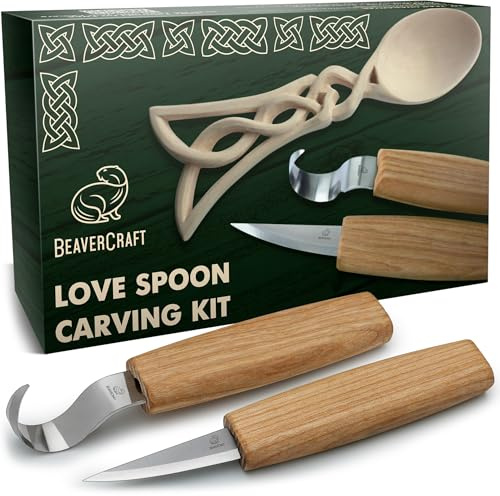 BeaverCraft DIY04 Kit de sculpture de cuillères en bois pour débutants – Ensemble de couteaux Sloyd et crochet, ébauche en tilleul – Kit de sculpture sur bois pour adultes et enfants
